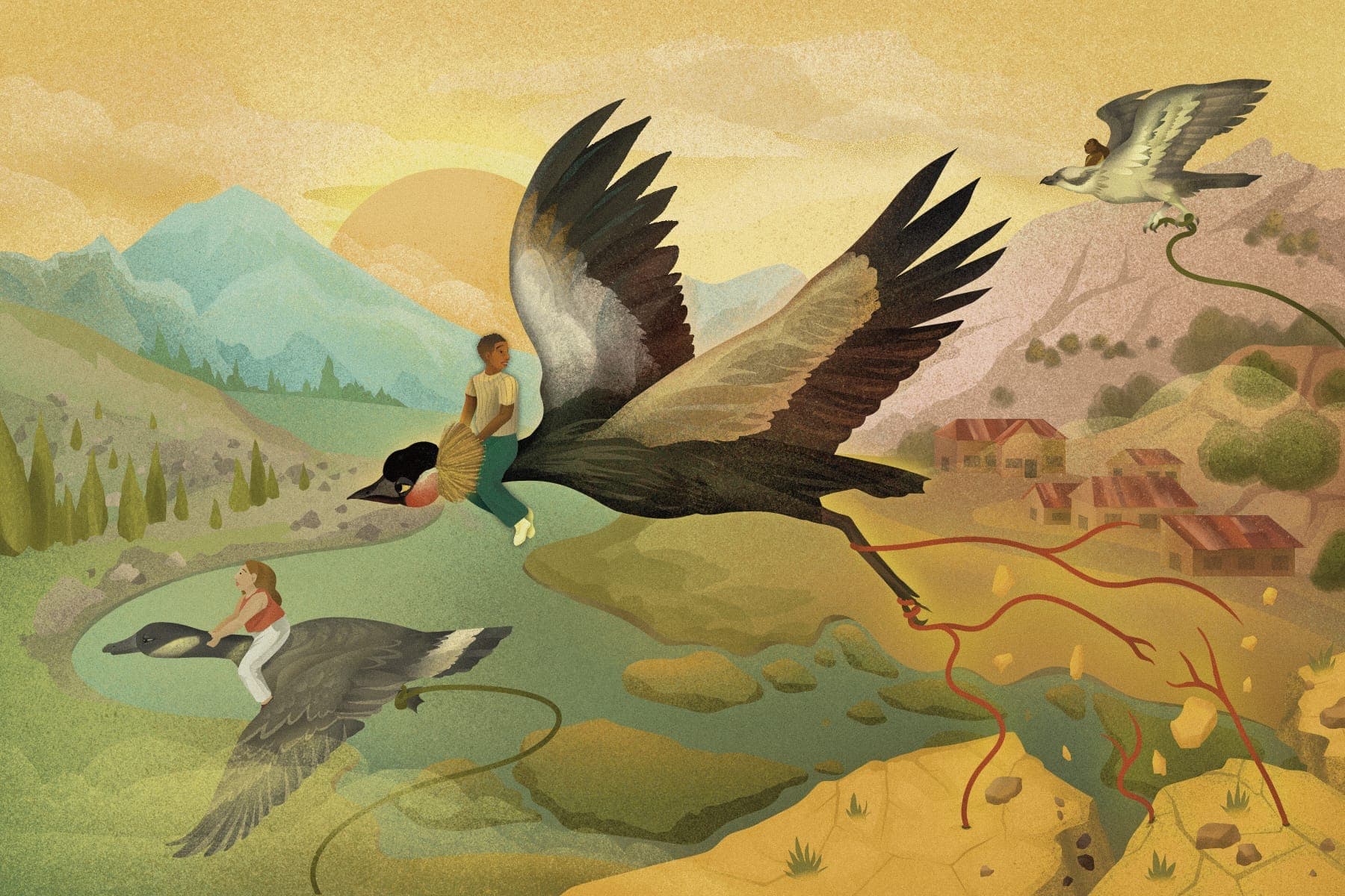 Illustration of three birds flying over a rural landscape, each carrying a rider. One bird has roots pulled from the ground attached to its legs, while its rider looks back.