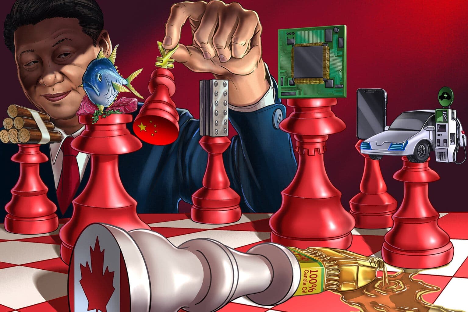 Illustration of Chinese President Xi Jinping playing chess with pieces featuring Canadian and Chinese flags, topped with symbols including a car, phone, canola oil container, and logs.