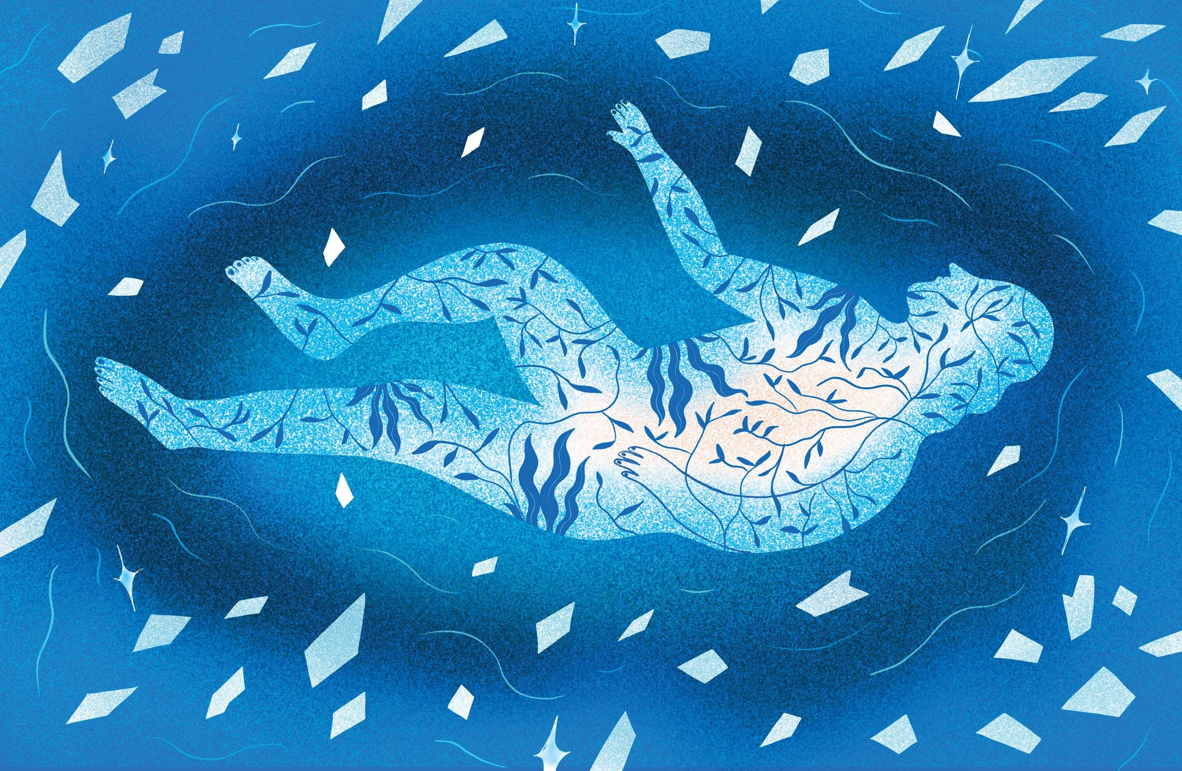 Illustration of a human figure at the center with algae-like shapes inside the body, surrounded by a blue gradient halo, water lines, and ice-like shapes.