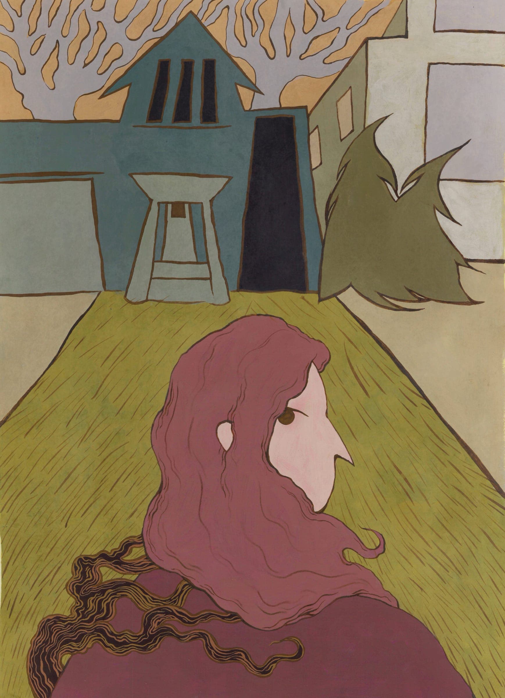 Illustration of a woman with long hair looking back toward the viewer, with a house and trees on the horizon.