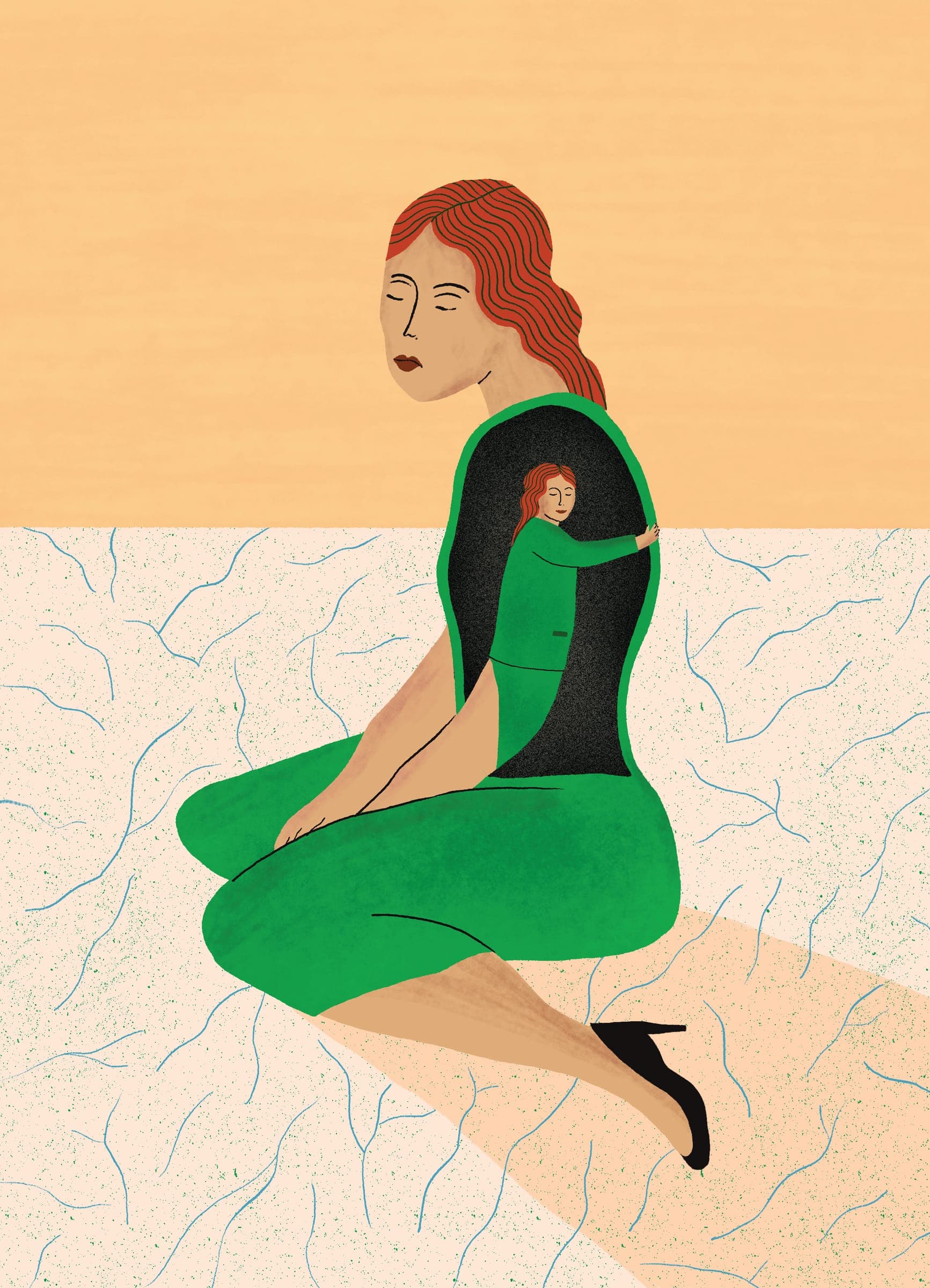Illustration of a woman in a green suit sitting on the ground, with a smaller version of herself inside the figure, also wearing a green suit.