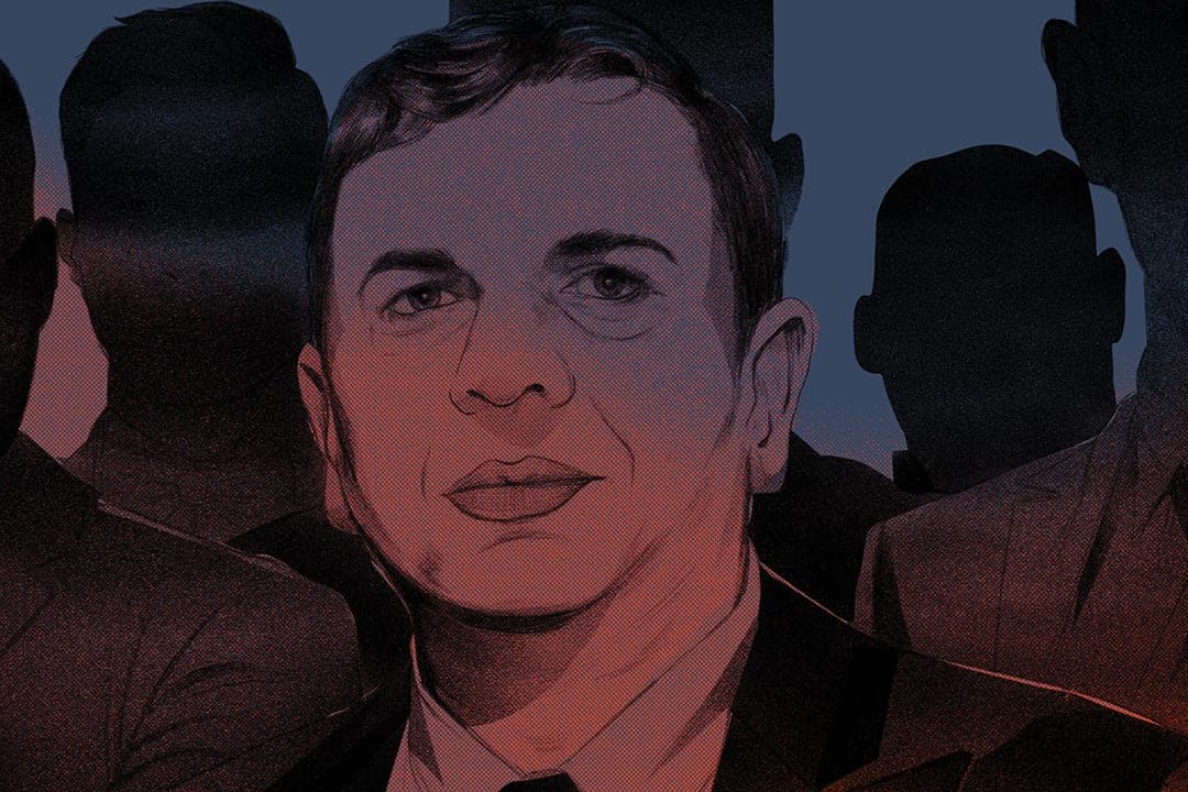 Illustration featuring immigration consultant Kuldeep Bansal against a dark background, surrounded by shadows, with the heads of a group of people visible in the foreground.