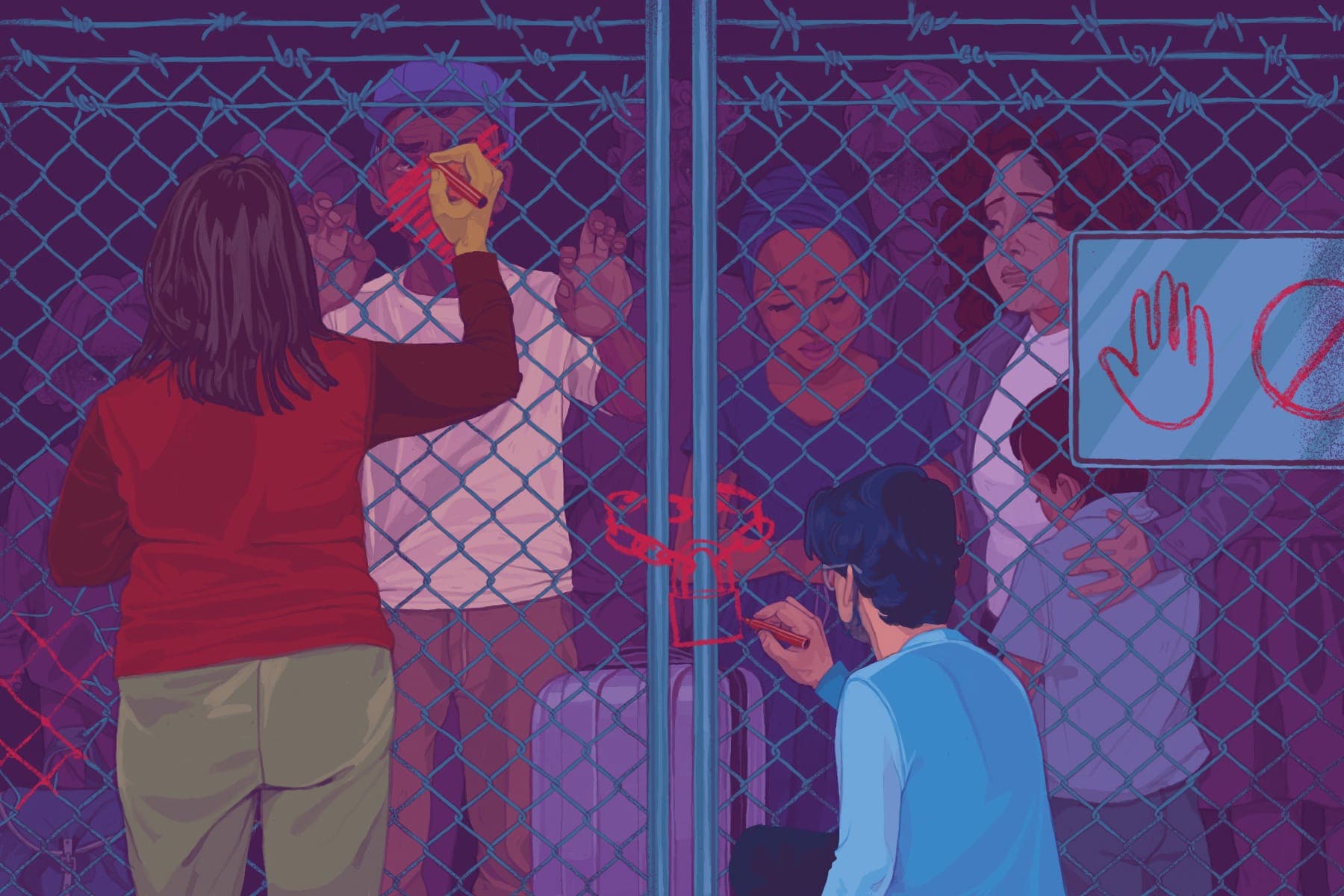 Illustration showing a group of people separated by a fence. A prohibition sign appears on the other side, where two people look toward the group; one draws a lock on the gate and the other marks over a person’s face.