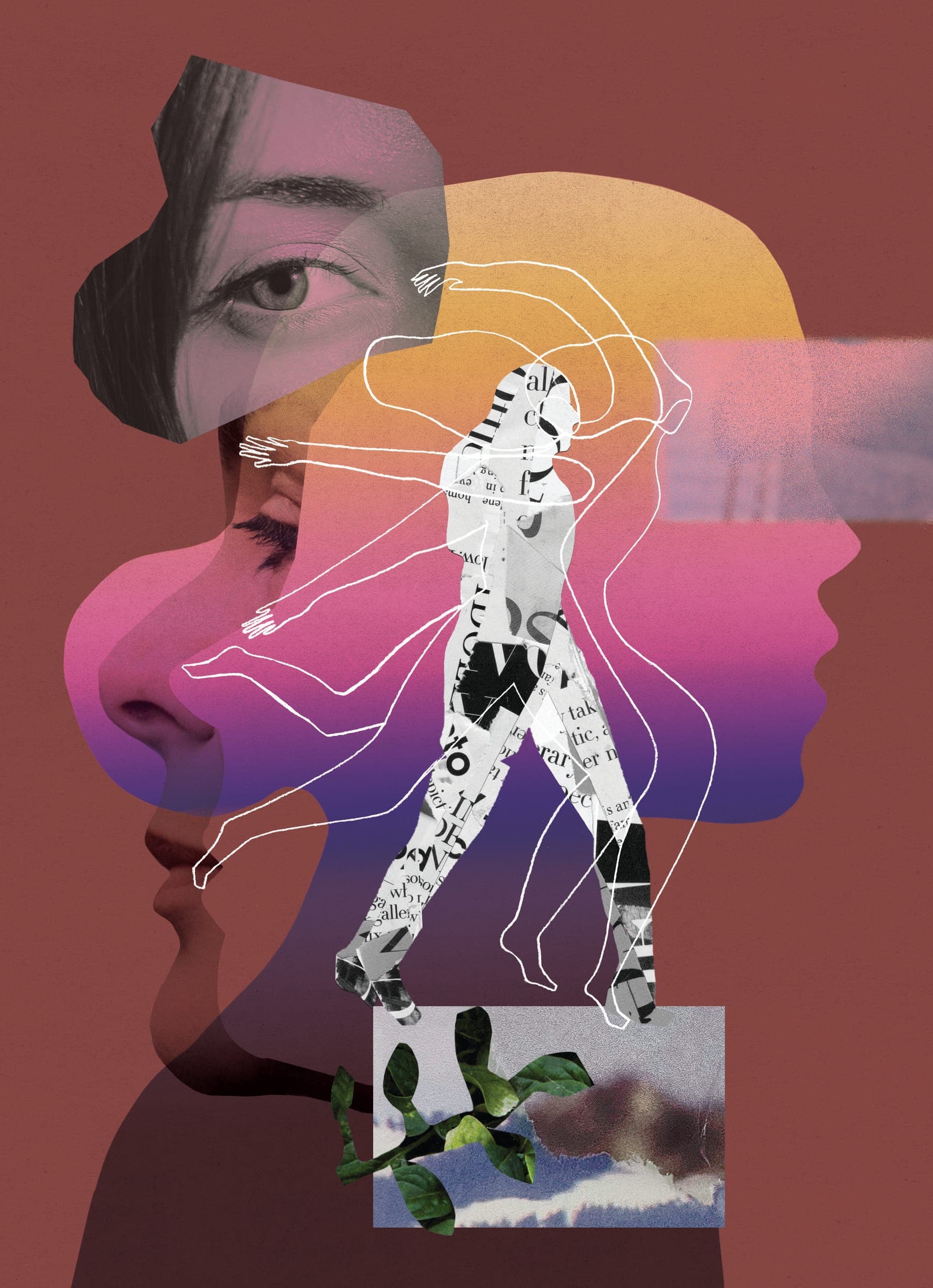 Collage illustration combining elements such as a woman’s profile, a close-up of an eye, a leafy branch, and abstract line drawings of a woman’s figure.