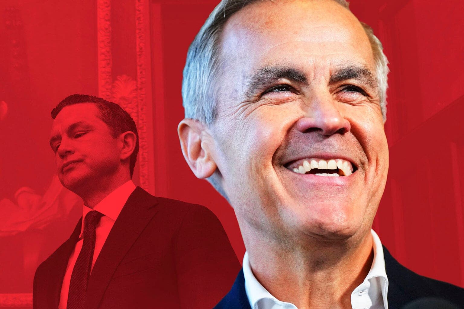 The Walrus artwork featuring Mark Carney in colour and a blended image of Pierre Poilievre against a red background