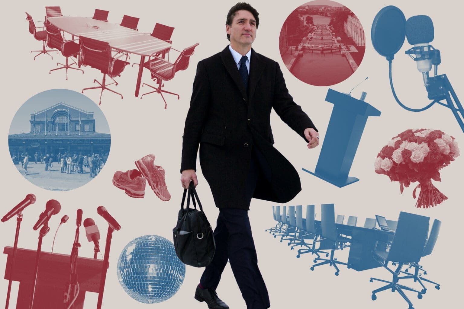 The Walrus photo illustration featuring Justin Trudeau against a light brown background, surrounded by dark red and blue elements including a desk, microphone, stand, pair of sneakers, and a mirror disco ball.