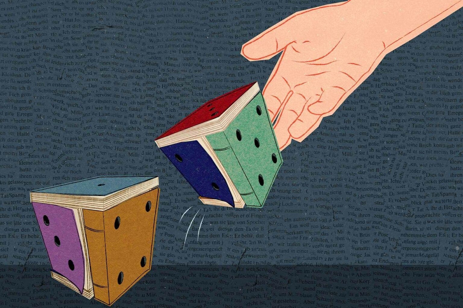 The Walrus original illustration featuring a hand throwing a pair of dice made to look like books against a dark background