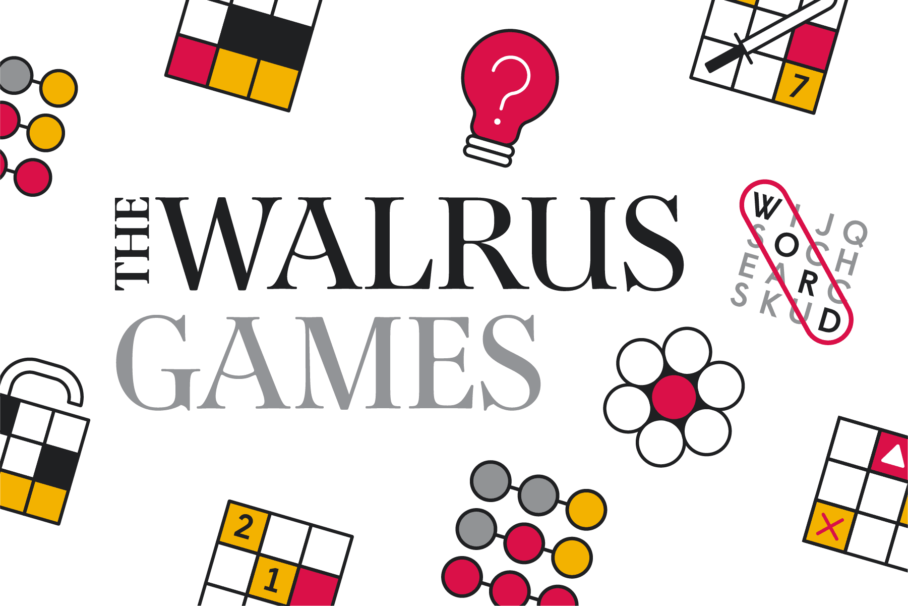 The Walrus Games promo art featuring icons for WordroW, Word Search, Sudoku, Crossword, Word Flower, and Quiz games